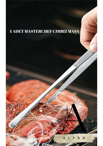 4 Adet Masterchef Cımbız Maşa Paslanmaz Çelik Maşa Et, Barbekü, Mangal, Dekoratif Maşa