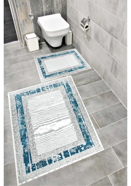 Kaymaz Tabanlı Suya Dayanıklı Dijital Baskılı Banyo Paspası Takımı | Bordo Halı 1611