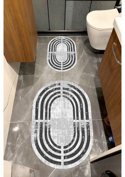 Su Emici Yumuşak Kaymaz Taban Sünger Dolgulu Yıkanabilir Dekoratif Banyo Paspası Takımı Squareoval