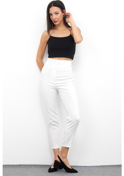 Yüksek Bel Dar Paça Pantolon M1674 Beyaz