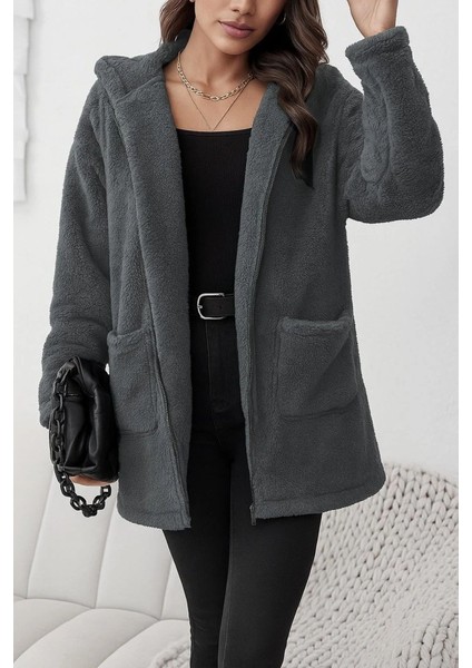 Kadın Uzun Kollu Kapşonlu Önden Fermuarlı Cepli Welsoft Ceket modelleri