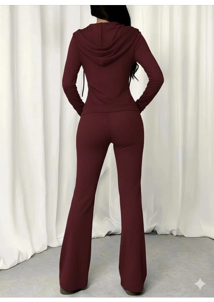 Kadın Uzun Kollu Kapşonlu Bağcıklı Önü Fermuarlı Viskon Iki Iplik Bluz ve Pantolon Ikili Takım modelleri