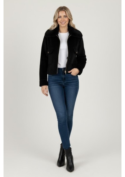 Kadın Kürk Yaka Detaylı Kısa Fox Mont M4870 Siyah