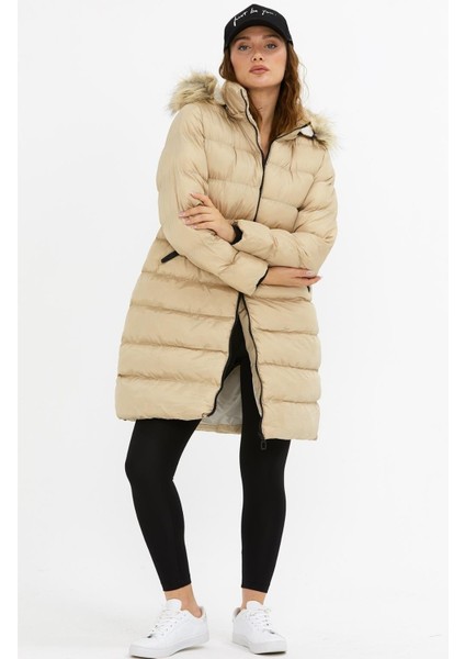 Uzun Kapşonlu Şişme Mont M001 Bej