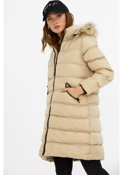 Uzun Kapşonlu Şişme Mont M001 Bej indirimleri