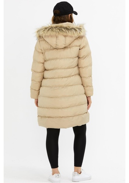 Uzun Kapşonlu Şişme Mont M001 Bej