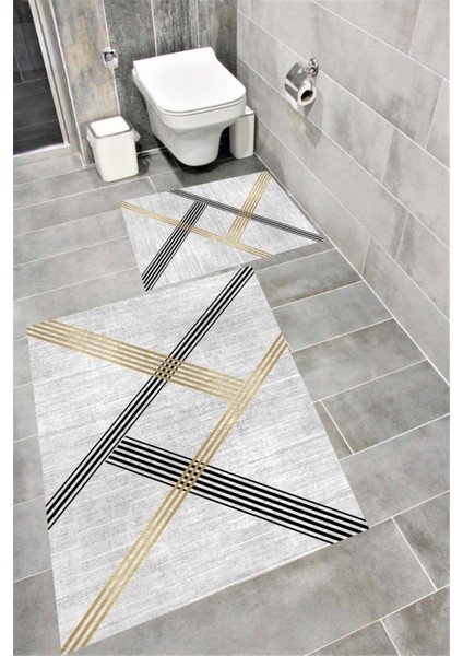 Kaymaz Tabanlı Suya Dayanıklı Dijital Baskılı Banyo Paspası Takımı | Bordo Halı 1495