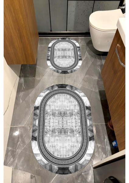 Su Emici Yumuşak Kaymaz Sünger Dolgulu Yıkanabilir Dekoratif Banyo Paspası Takımı 1069ALPEMİXGRİ Ovl