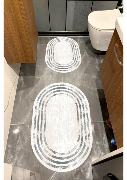 Su Emici Yumuşak Kaymaz Taban Sünger Dolgulu Yıkanabilir Dekoratif Banyo Paspası 1074SİLVERYGRİ Oval