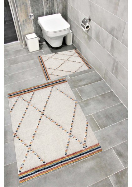 Su Emici Yumuşak Kaymaz Taban Sünger Dolgulu Pamuksu Doku Yıkanabilir Dekoratif Banyo Paspası 1393