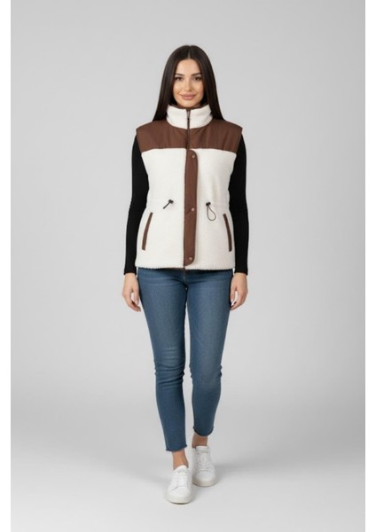 Kadın Ekru Kahve Renk Detaylı Fermuarlı Peluş Yelek M2323 Kahverengi