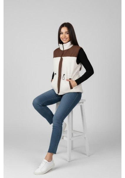Kadın Ekru Kahve Renk Detaylı Fermuarlı Peluş Yelek M2323 Kahverengi fiyatları