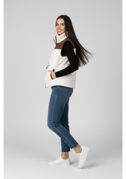 Kadın Ekru Kahve Renk Detaylı Fermuarlı Peluş Yelek M2323 Kahverengi modelleri