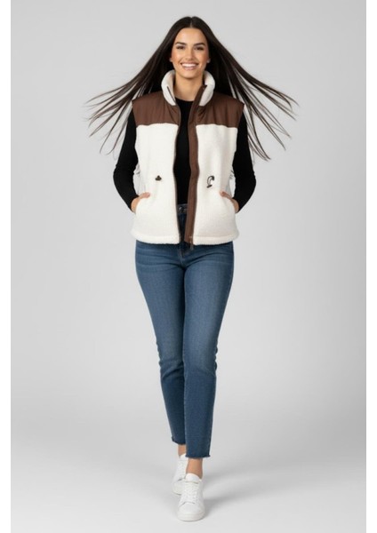 Kadın Ekru Kahve Renk Detaylı Fermuarlı Peluş Yelek M2323 Kahverengi fırsatları