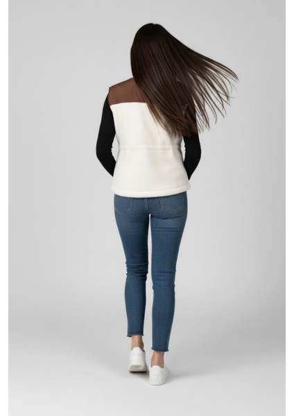 Kadın Ekru Kahve Renk Detaylı Fermuarlı Peluş Yelek M2323 Kahverengi indirimleri