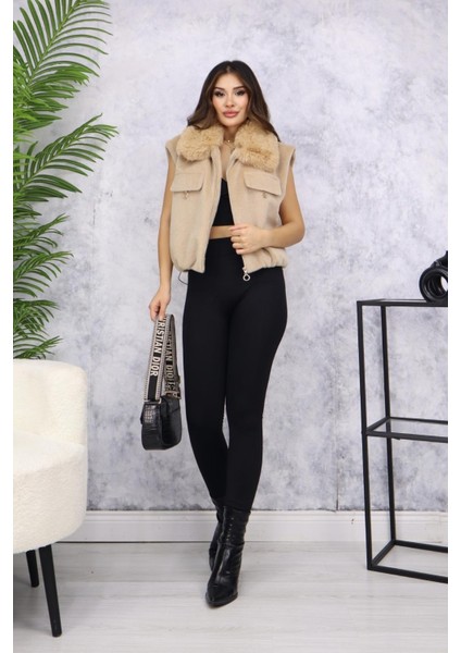 Kadın Peluş Yelek M4817 Camel