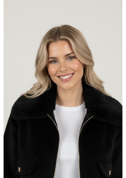 Kadın Kürk Yaka Detaylı Kısa Fox Mont M4870 Siyah modelleri