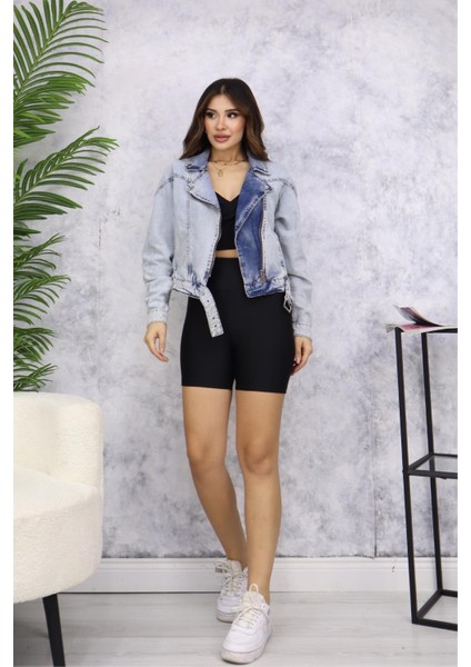 Kadın Açık Mavi Kemer Detaylı Jean Ceket M4484 Kar Yıkama