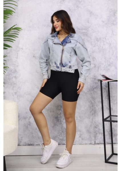 Kadın Açık Mavi Kemer Detaylı Jean Ceket M4484 Kar Yıkama indirimleri