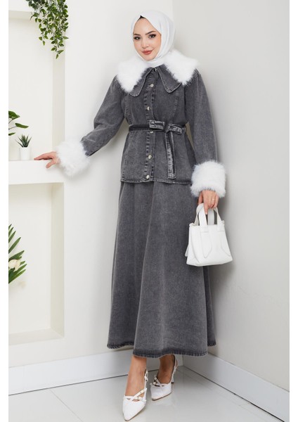 Kadın Peluş Detaylı Kuşaklı Kot Siyah Ikili Takım