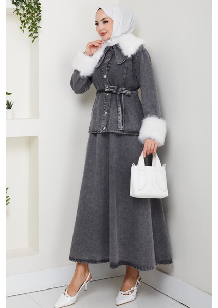 Kadın Peluş Detaylı Kuşaklı Kot Siyah Ikili Takım fiyatları