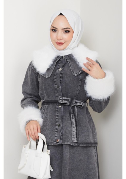 Kadın Peluş Detaylı Kuşaklı Kot Siyah Ikili Takım modelleri