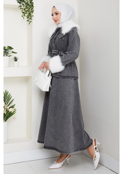 Kadın Peluş Detaylı Kuşaklı Kot Siyah Ikili Takım fırsatları