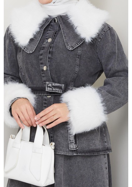 Kadın Peluş Detaylı Kuşaklı Kot Siyah Ikili Takım indirimleri