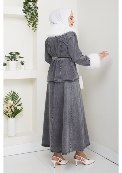 Kadın Peluş Detaylı Kuşaklı Kot Siyah Ikili Takım