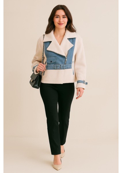 Ekru Denim Detaylı Kısa Mont M4793 Bej