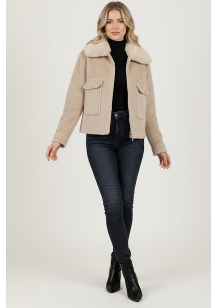 Kadın Kürk Yaka Detaylı Kısa Fox Mont M4870 Camel