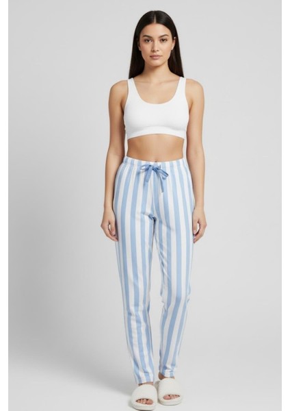 Kadın Çizgili Pijama Altı M4536K26 Mavi