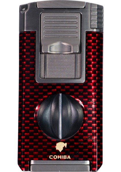 Çift Torch Pürmüz Kırmızı Karbon Desenli Puro Çakmağı