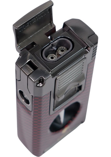 Çift Torch Pürmüz Kırmızı Karbon Desenli Puro Çakmağı indirimleri