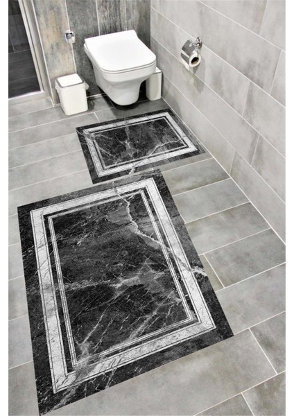 Kaymaz Tabanlı Suya Dayanıklı Dijital Baskılı Banyo Paspası Takımı | Bordo Halı 1670