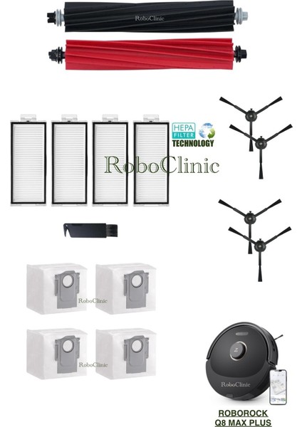 Roborock Q8 Max Plus Robot Süpürge Uyumlu Yedek Toz Torbası, Fırça, Hepa Filtre Set-15 Parça