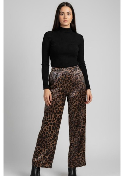 Kadın Leopar Desenli Saten Pantolon M1611 Leopar