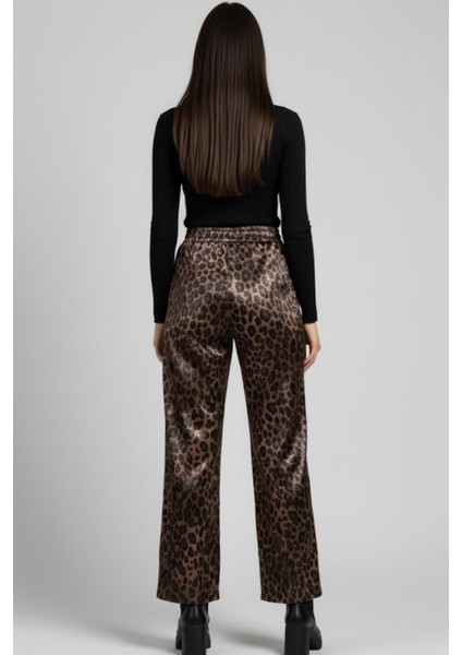 Kadın Leopar Desenli Saten Pantolon M1611 Leopar