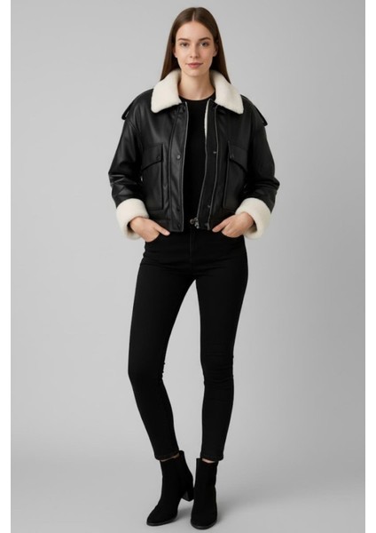 Deri Kürk Detaylı Kısa Ceket M4758 Siyah