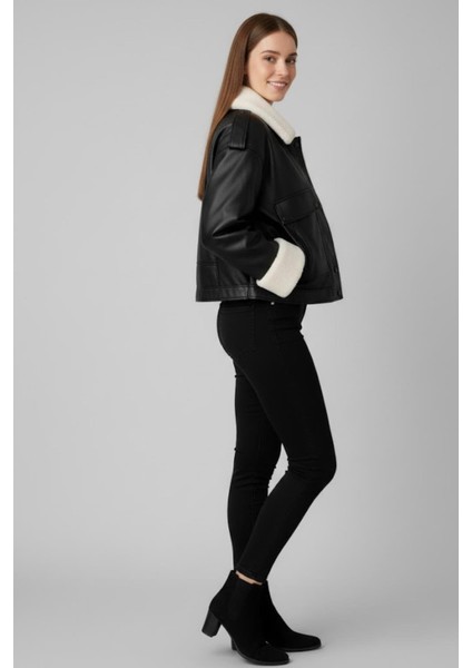 Deri Kürk Detaylı Kısa Ceket M4758 Siyah fiyatları
