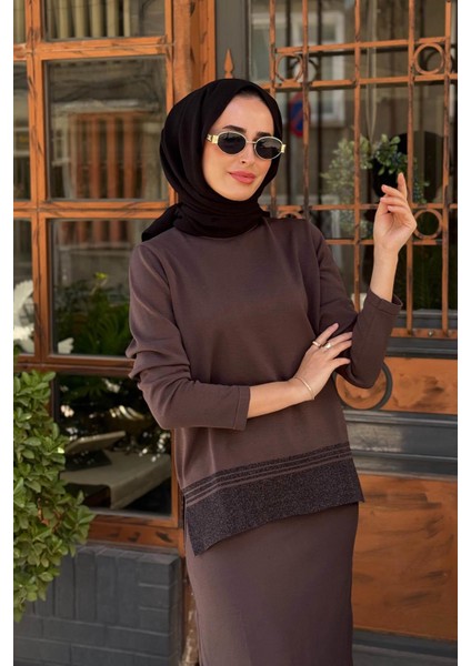 Nurcan Çetin Triko Etekli Takım NR159 Kahve modelleri