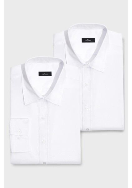 2'li Paket Beyaz Slim Fit Kolay Ütü Teri Emen Nefes Alan Doku Dört Mevsim Erkek Gömlek