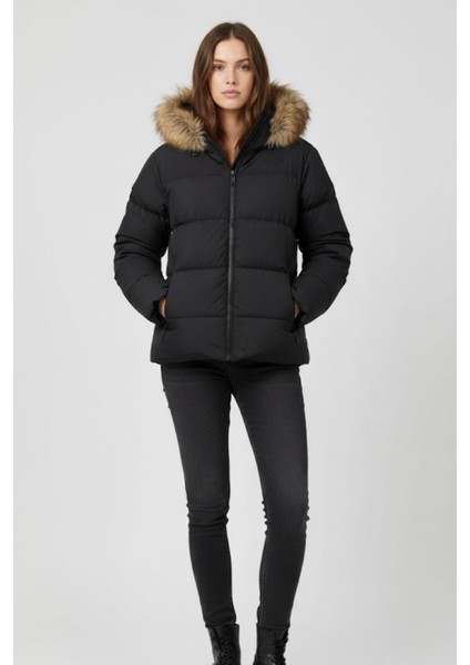 Kürk Detaylı Kapüşonlu Şişme Mont M0009 Siyah