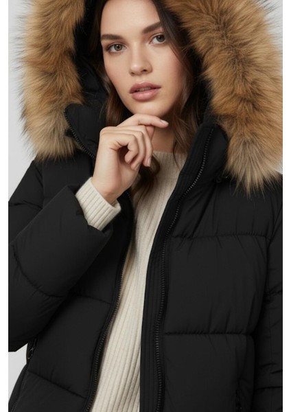 Kürk Detaylı Kapüşonlu Şişme Mont M0009 Siyah fiyatları