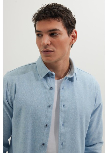 Erkek Slim Fit Dar Kesim Uzun Kollu Düz Kışlık Oduncu mavi Gömlek