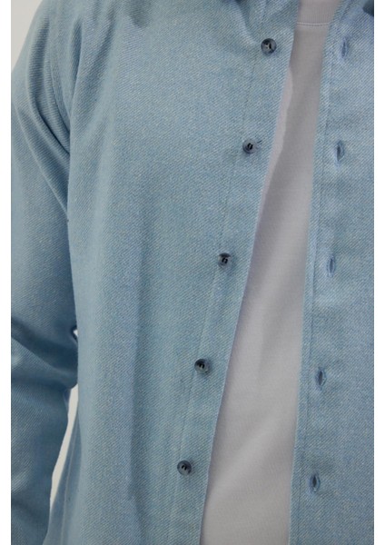 Erkek Slim Fit Dar Kesim Uzun Kollu Düz Kışlık Oduncu mavi Gömlek modelleri