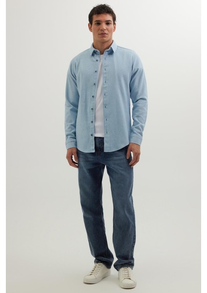 Erkek Slim Fit Dar Kesim Uzun Kollu Düz Kışlık Oduncu mavi Gömlek fırsatları