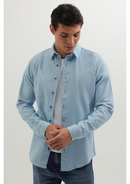 Erkek Slim Fit Dar Kesim Uzun Kollu Düz Kışlık Oduncu mavi Gömlek indirimleri