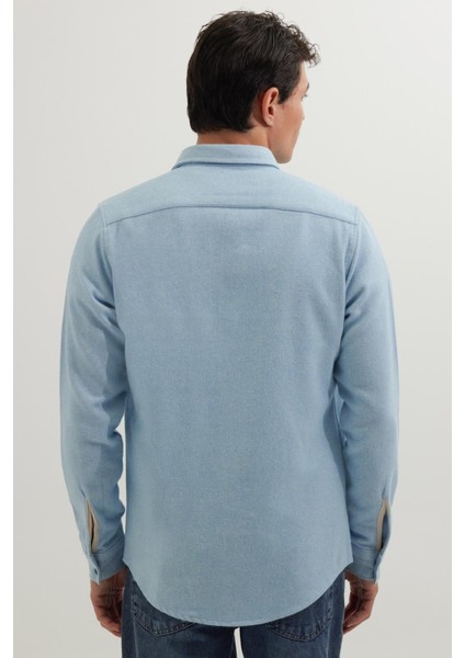 Erkek Slim Fit Dar Kesim Uzun Kollu Düz Kışlık Oduncu mavi Gömlek