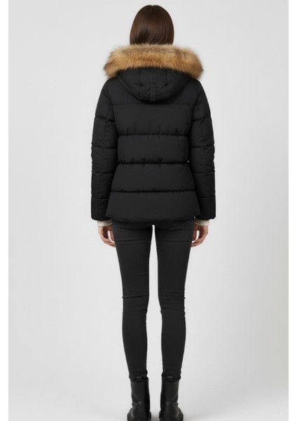 Kürk Detaylı Kapüşonlu Şişme Mont M0009 Siyah